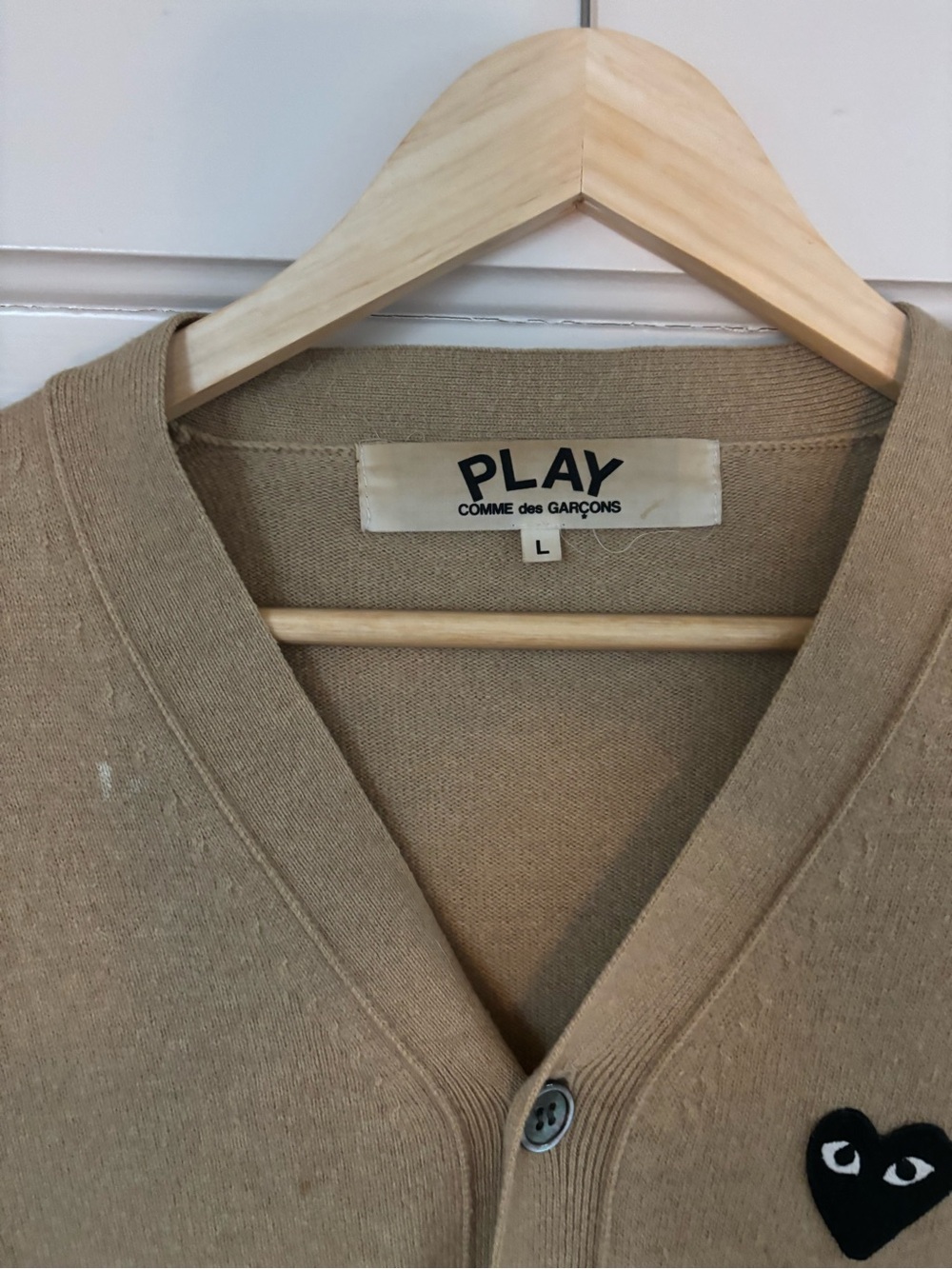 Comme des Garcons PLAY Men's Camel Cardigan with Black Heart Patch